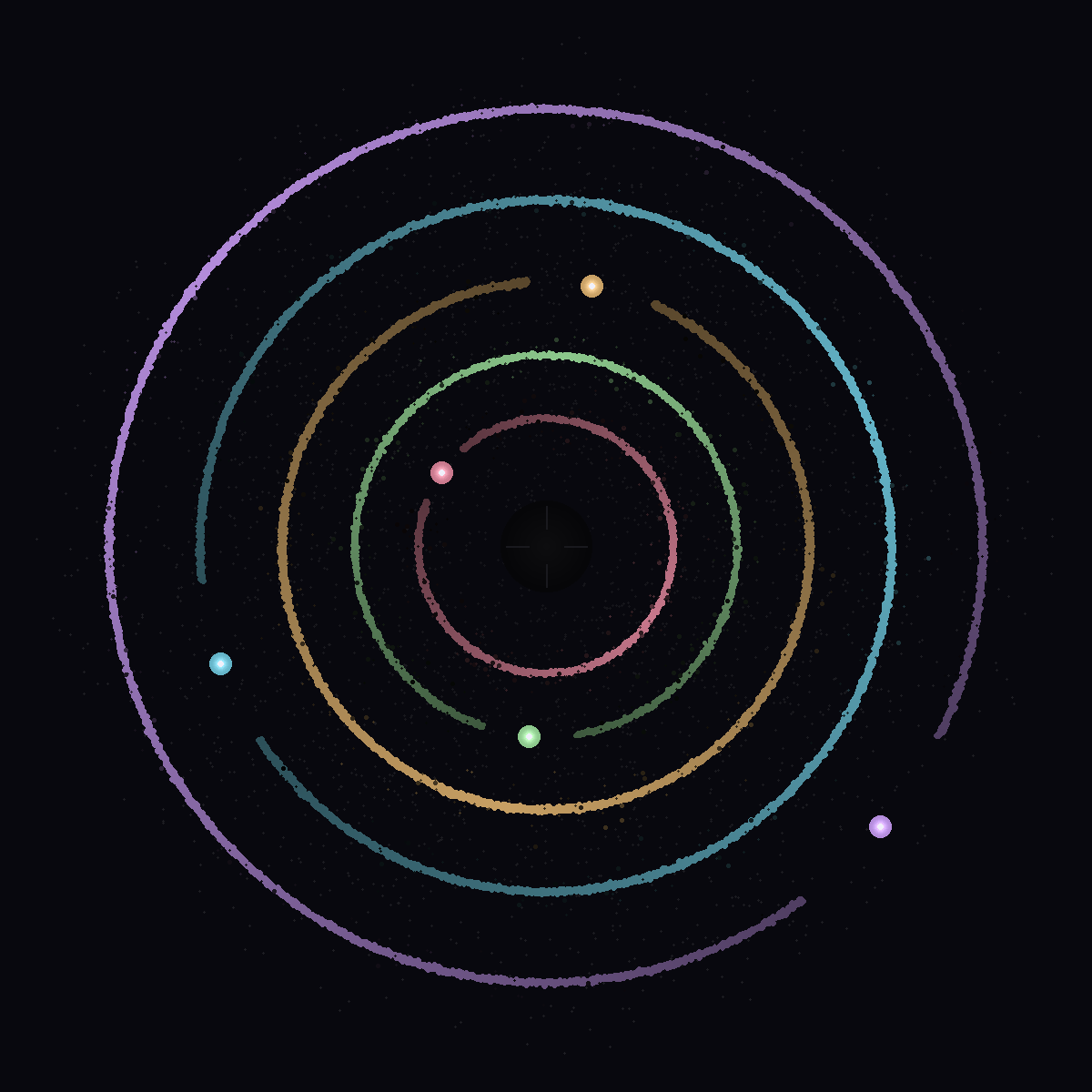 Five nested rings, each broken at a different point — the gap where the reporting function would be, if the route existed. A bright point marks each break. The center is dark and still: the unmarked state.